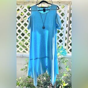 Kaliyana Artwear Linen & Rayon Blue Cold Shoulder Flowy Tank Dress M/L